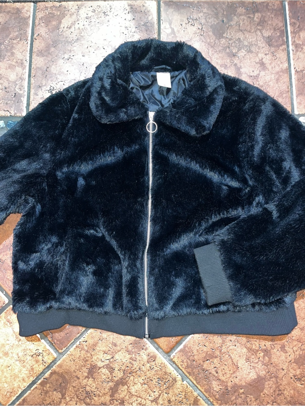 No Boundaries Black Faux Fur Zip Jacket with Ring Pull